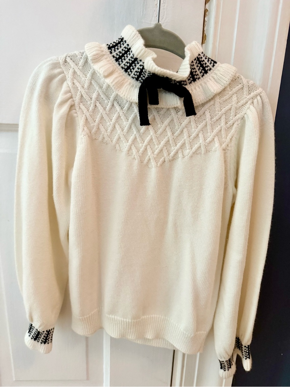 Janie and Jack Cream Cable Sweater with Black Trim and Bow Accent Fall Sweater